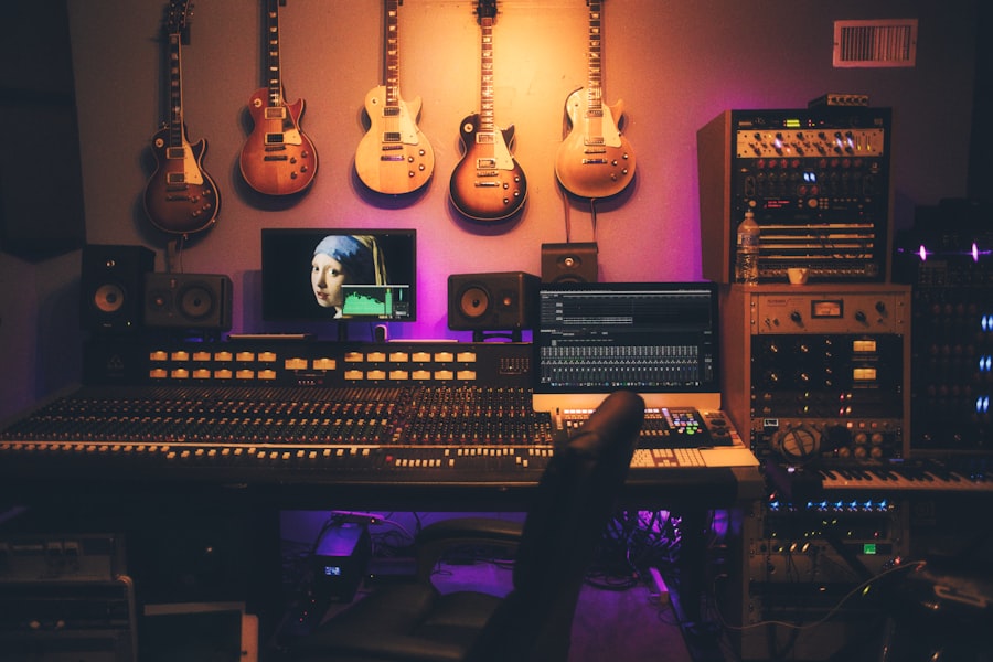 Sound engineering studio with mixing console